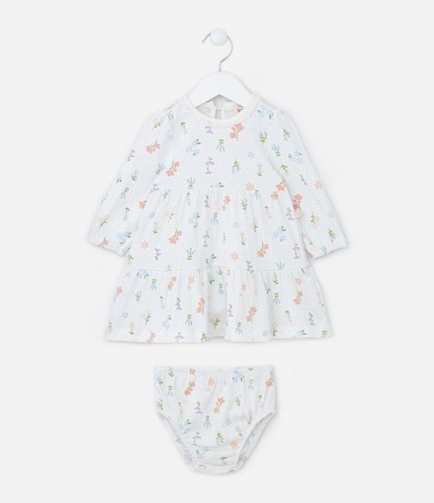 Vestido Infantil Texturizado com Gola Broderie e Estampa Floral - Tam 0 a 18 meses