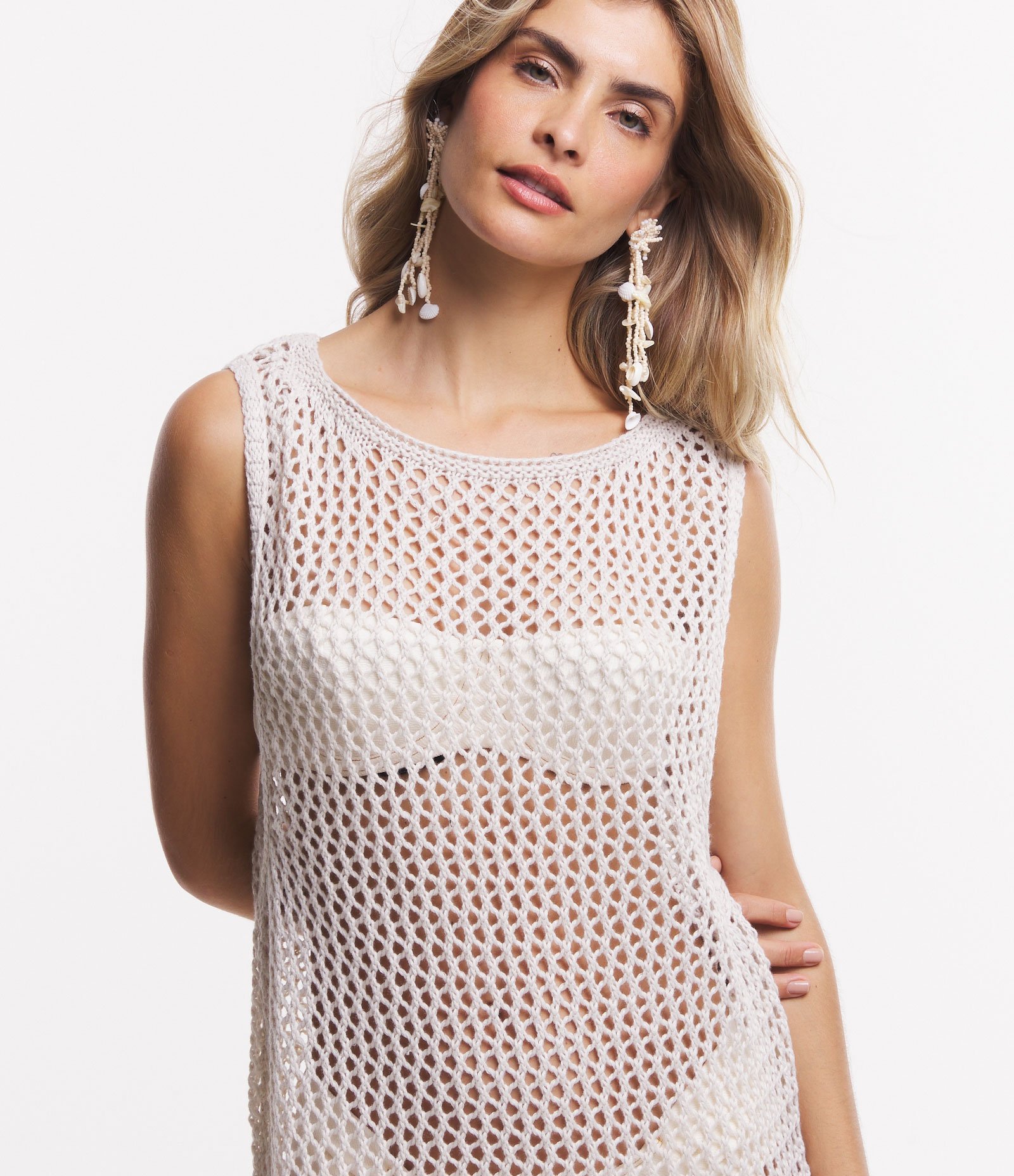 Saída de Praia Vestido em Tricot Bege 4