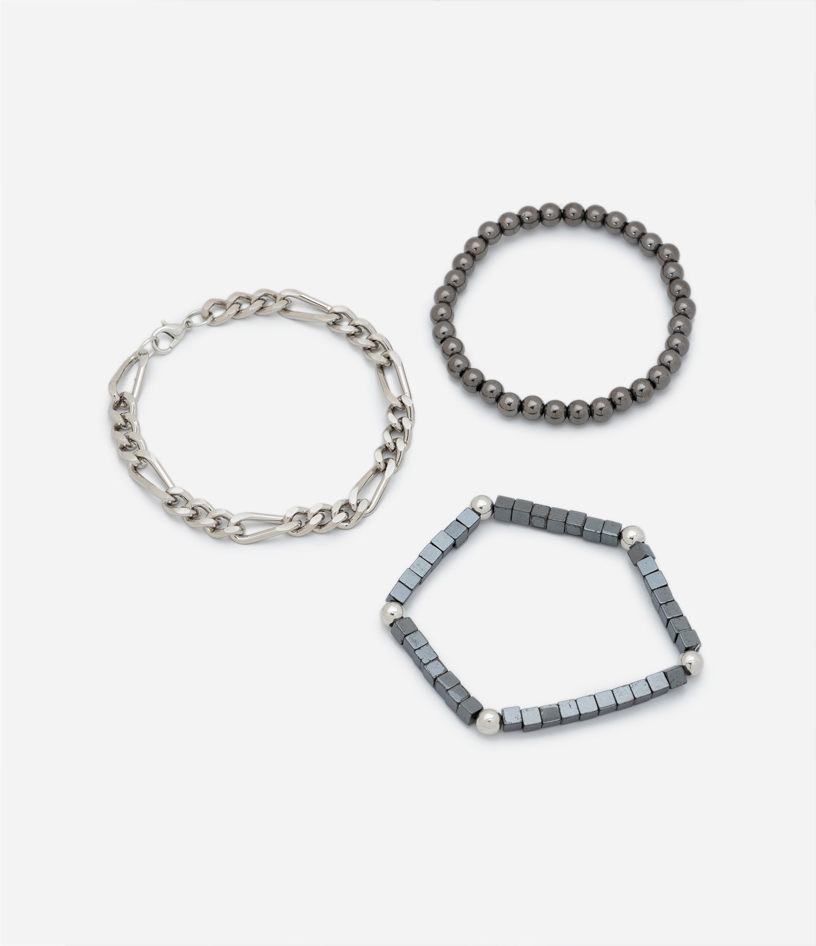 Kit 03 Pulseiras em Metal com Textura Hematita Prata 2
