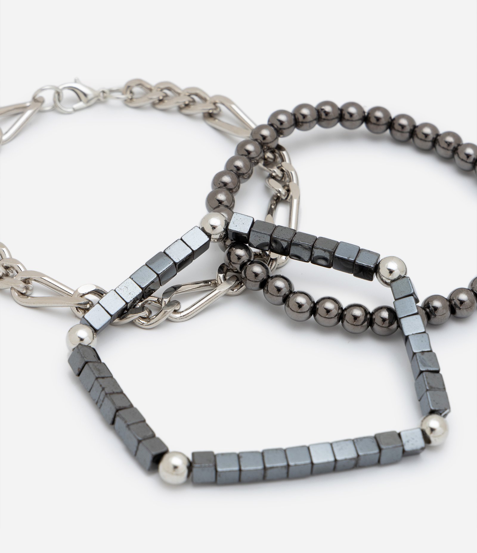 Kit 03 Pulseiras em Metal com Textura Hematita Prata 3
