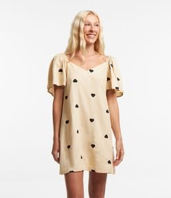 Vestido Curto em Viscolinho com Bordado de Corações