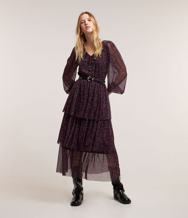 Vestido Midi em Tule com Babados e Estampa Floral
