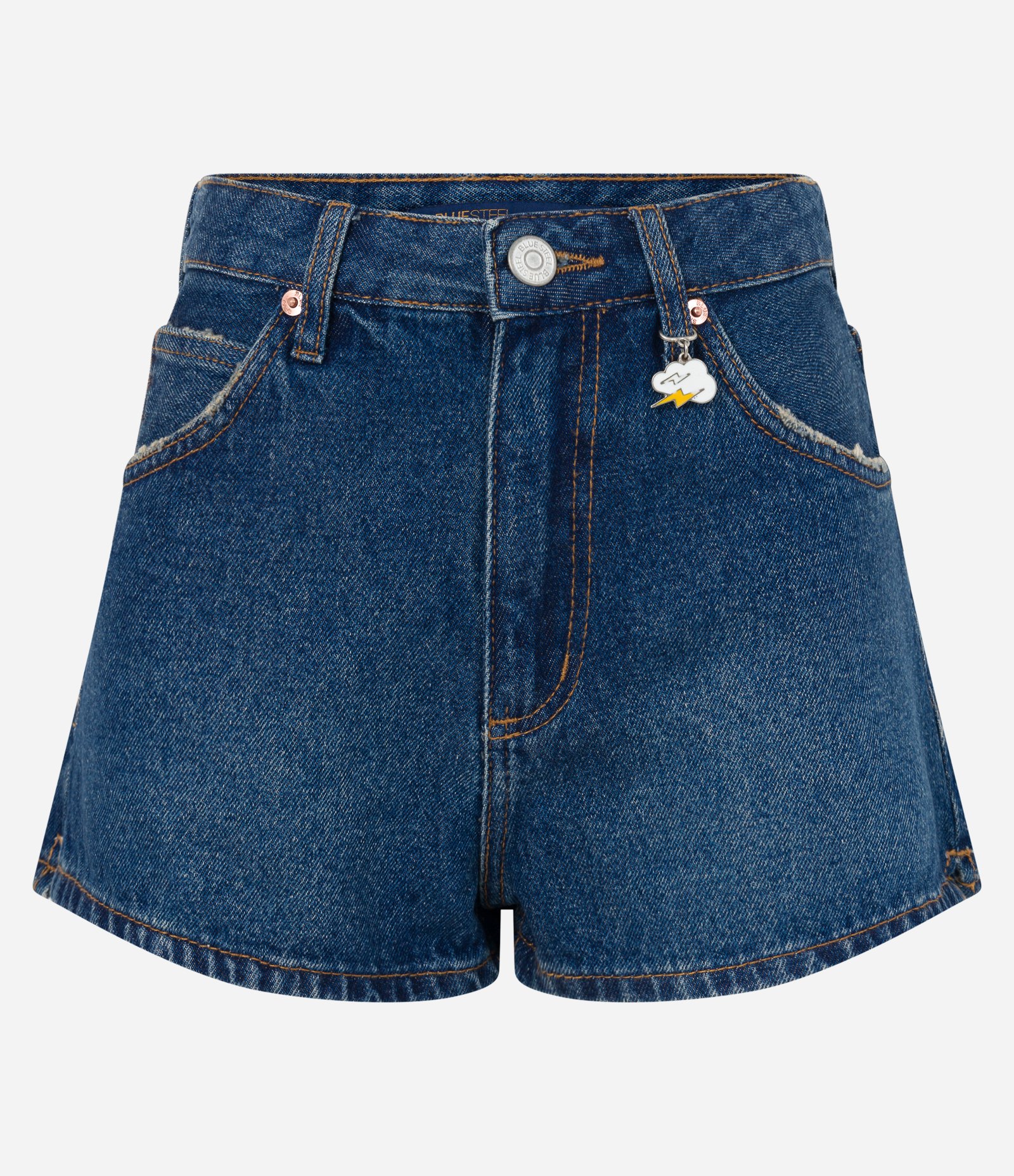 Short Cintura Alta em Jeans com Pingente de Nuvem Azul Escuro 5