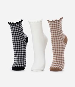 Kit 03 Meias Cano Médio sem Costura com Estampa Xadrez