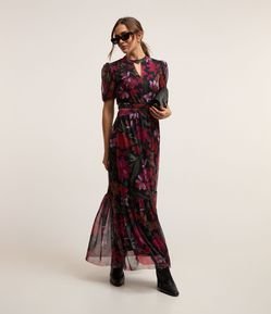 Vestido Longo em Tule com Manga Bufante e Flores Estampadas