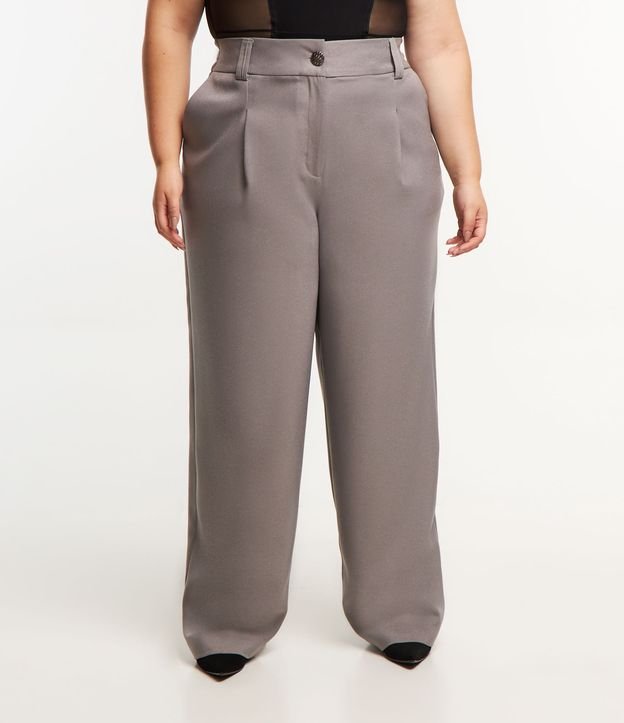 Calça Wide Leg Alfaiataria com Botão Onix Curve & Plus Size Cinza 2