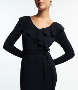 Vestido Midi em Malha Ribana com Babado no Decote e Amarração