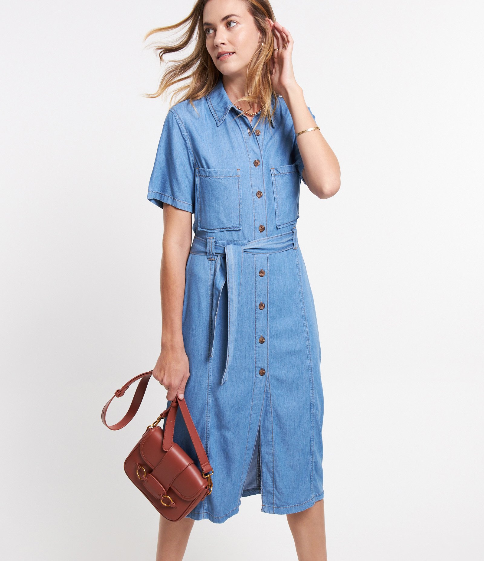 Vestido Midi em Jeans com Botões e Amarração Azul 1