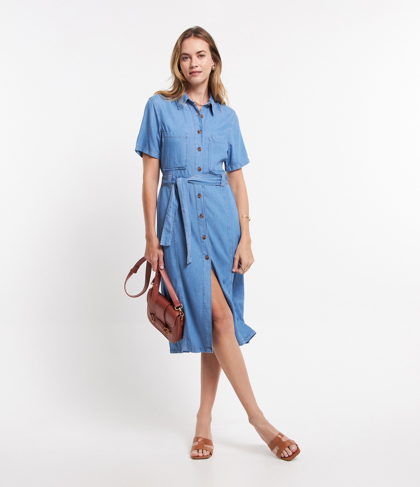 Vestido Midi em Jeans com Botões e Amarração Azul 2