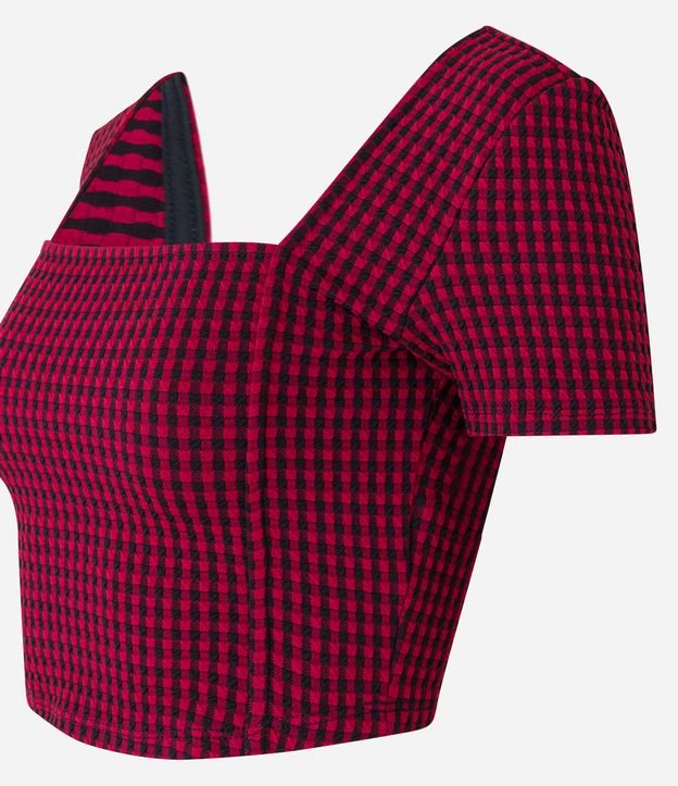 Blusa Cropped Xadrez Vichy com Manga Curta e Decote Quadrado Vermelho Bordô 6