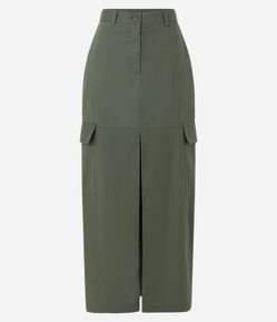 Saia New Midi em Sarja Alfaiatada com Bolsos Cargo e Fenda