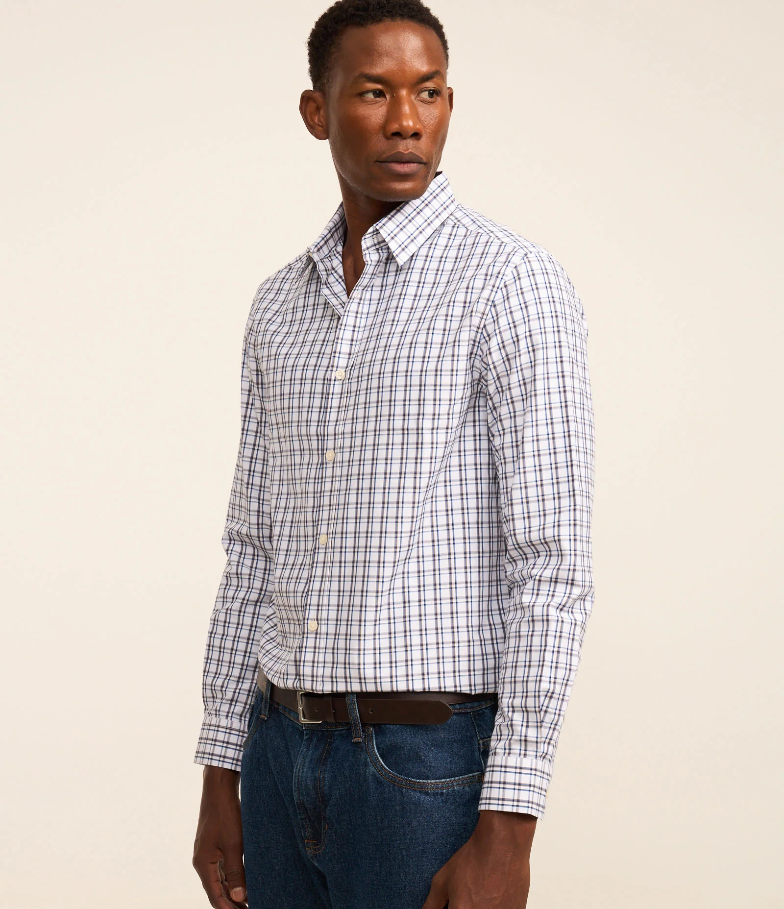 Camisa em Tricoline com Abotoamento e Estampa Xadrez Grid Branco/ Azul 1