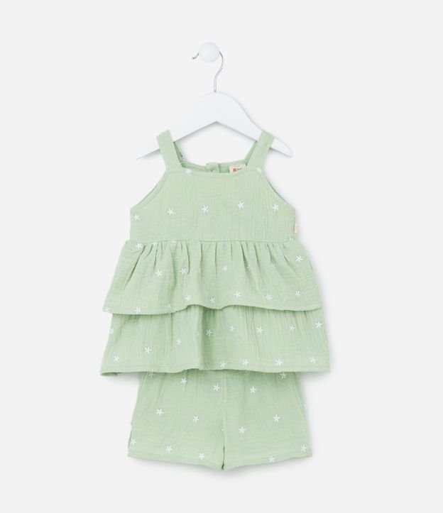 Conjunto Infantil em Tricoline com Bordado de Florzinhas - Tam 3 a 18 Meses