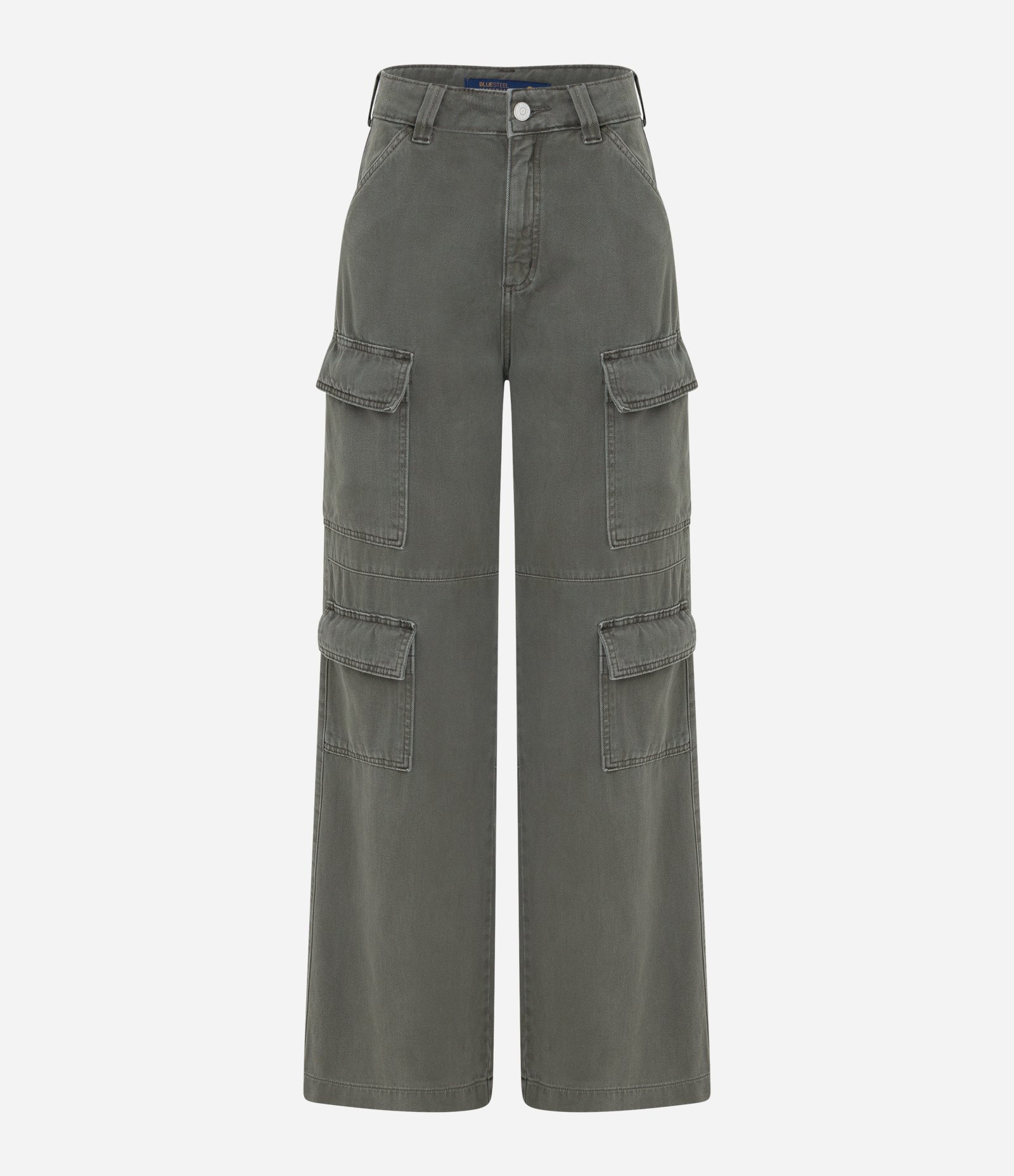 Calça Wide Leg em Sarja com Cintura Alta e Bolsos Cargo Verde Militar 6