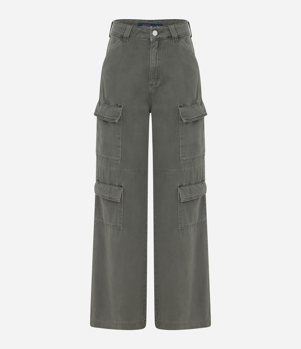 Calça Wide Leg em Sarja com Cintura Alta e Bolsos Cargo Verde Militar