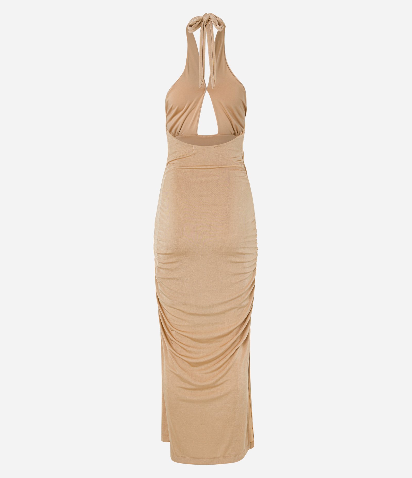 Vestido New Midi com Leve Brilho e Decote Halter Bege 8