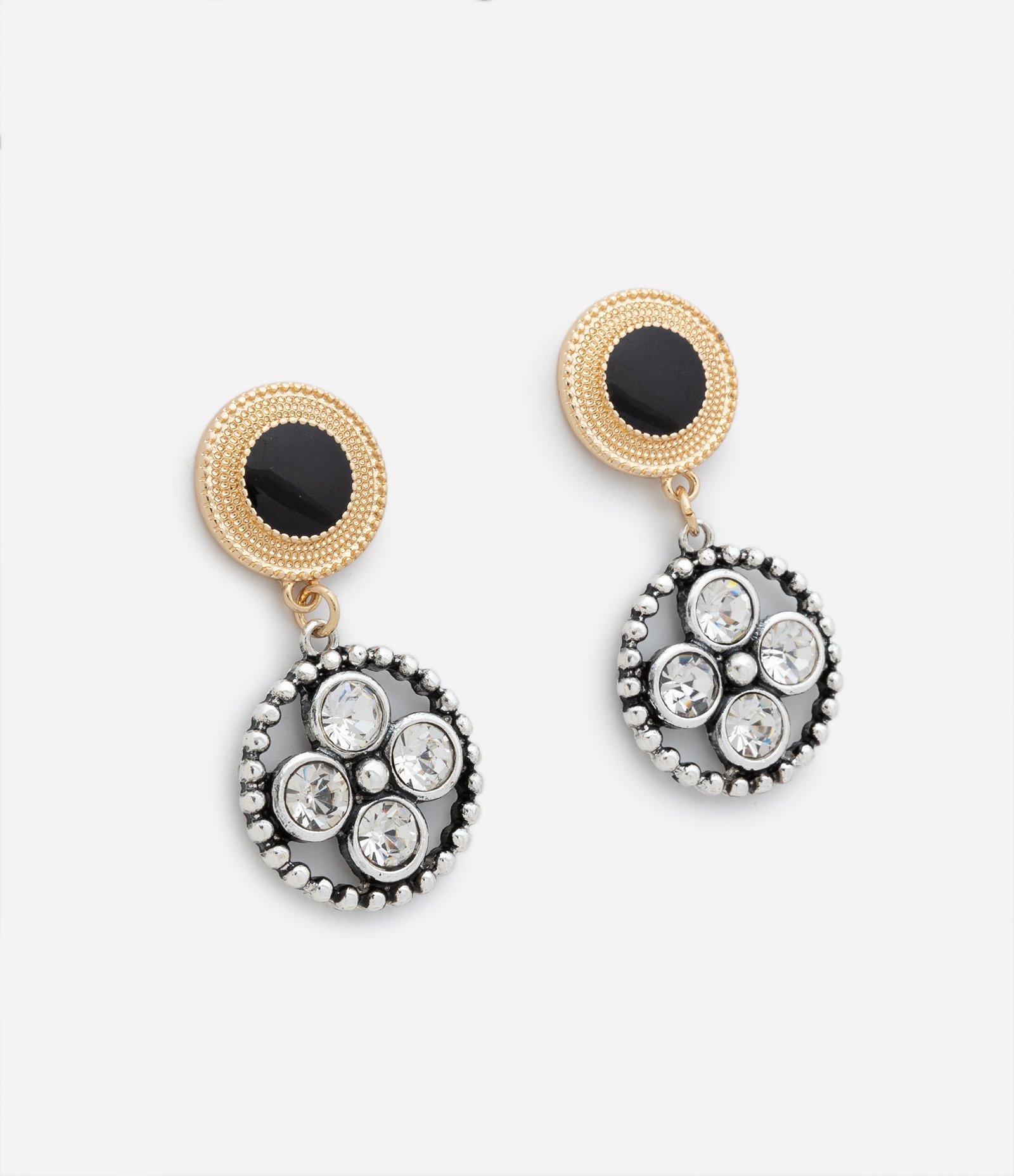 Brinco Médio com Base Redonda e Pingente com Strass Dourado/Prata 2