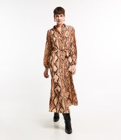 Vestido Chemise em Crepe Animal Print Cobra e Amarração na Cintura