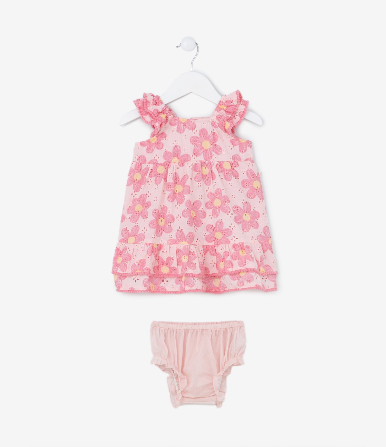 Vestido Infantil em Tricoline com Mini Pompons e com Calcinha - Tam 3 a 18 meses Rosa 2
