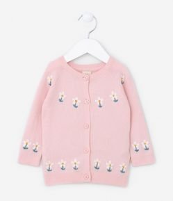 Cardigan Infantil em Tricô com Bordado de Florzinhas - Tam 0 a 18 meses