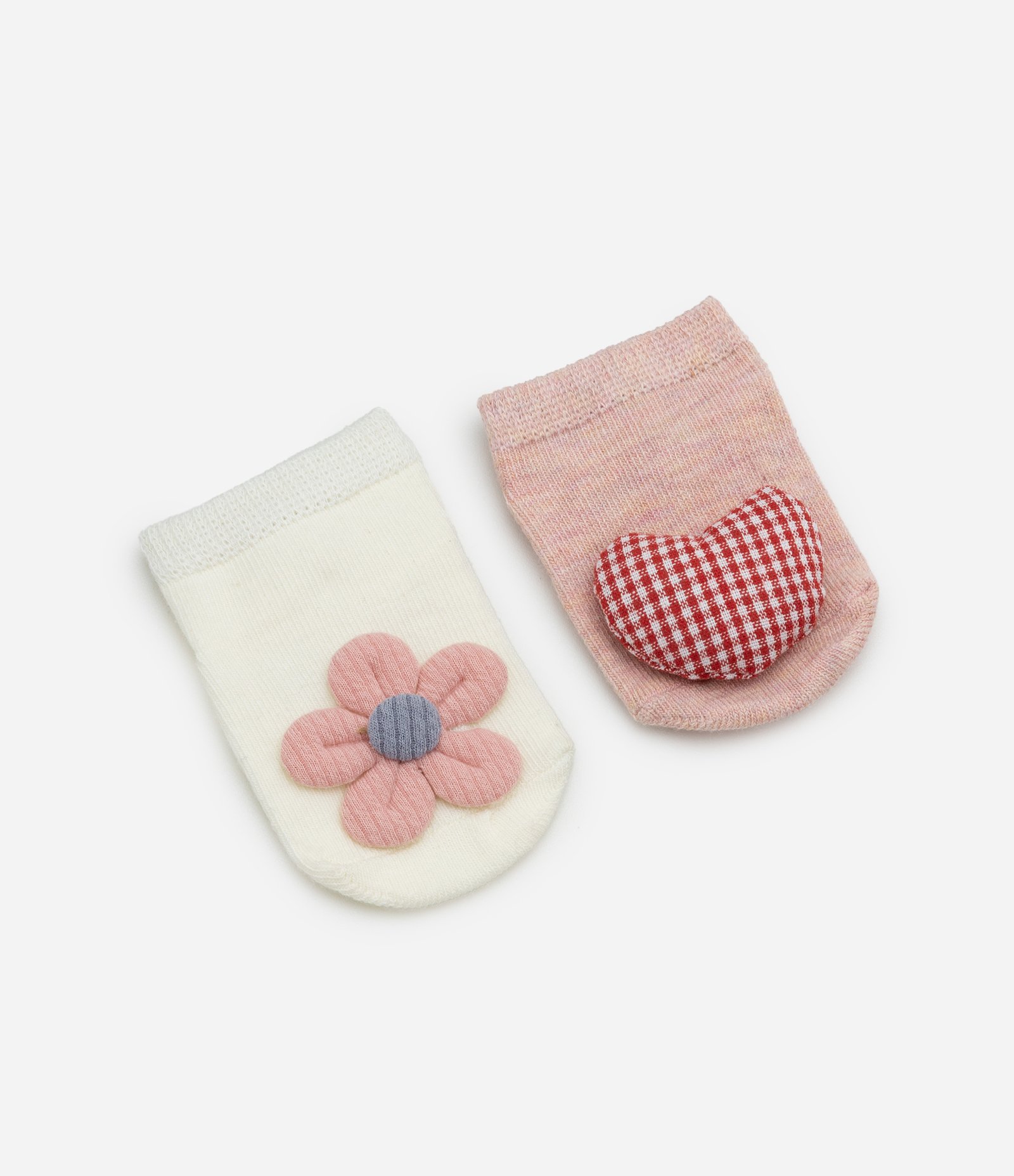 Kit 02 Meias Infantis com Flor e Coração em 3D - Tam 0 a 12 meses Rosa/Off White 1