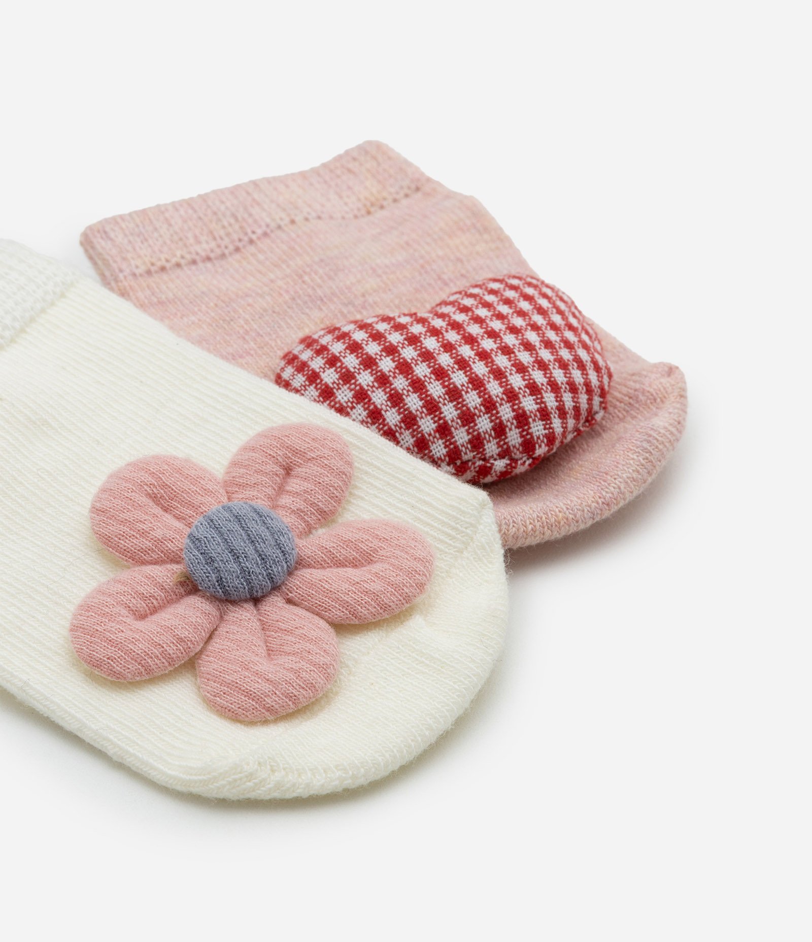 Kit 02 Meias Infantis com Flor e Coração em 3D - Tam 0 a 12 meses Rosa/Off White 3