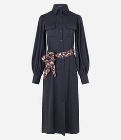 Vestido Chemise Midi Alfaiatado com Manga Bufante e Amarração na Cintura