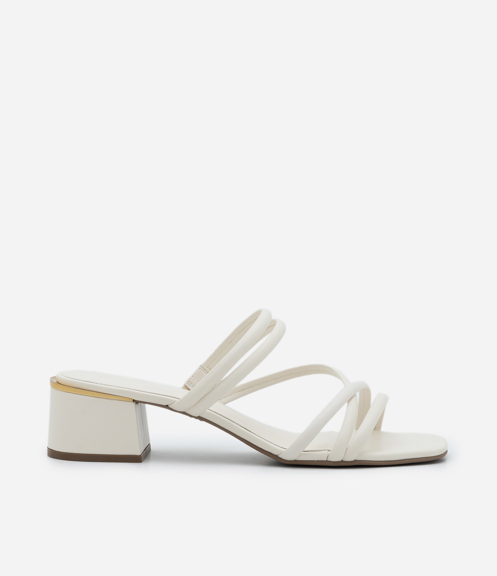 Sandália Salto Bloco com Multitiras e Detalhe Cromado Off White 1