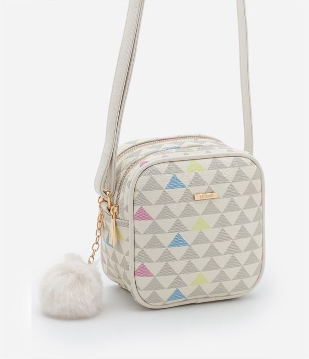 Bolsa Transversal Pequena com Estampa de Triângulo e Pompom