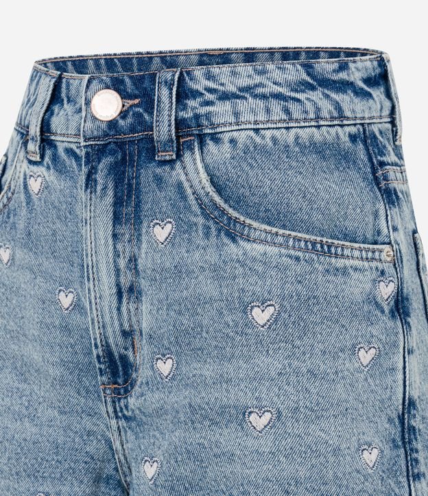 Short Cintura Alta em Jeans com Bordado de Corações Azul Médio 6