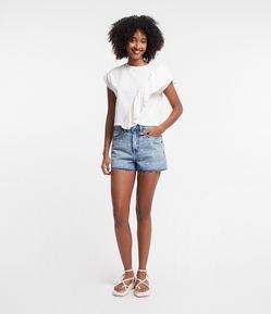 Short Cintura Alta em Jeans com Bordado de Corações