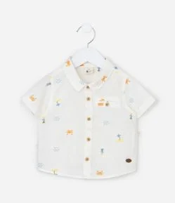 Camisa Infantil em Linho com Estampa Praia - Tam 0 a 18 meses