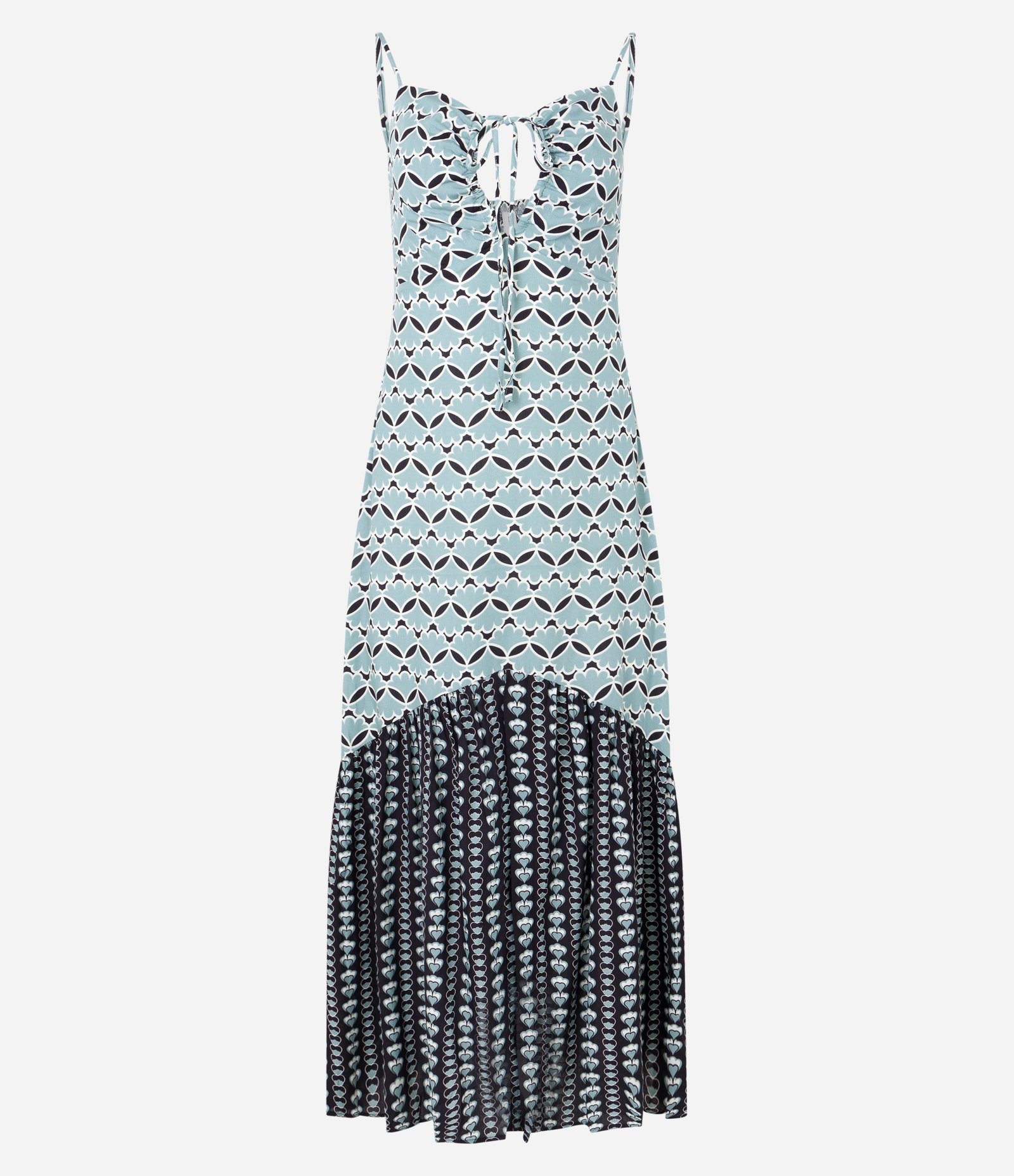 Vestido Longo em Viscose com Amarração no Busto e Estampa Geométrica Azul 6