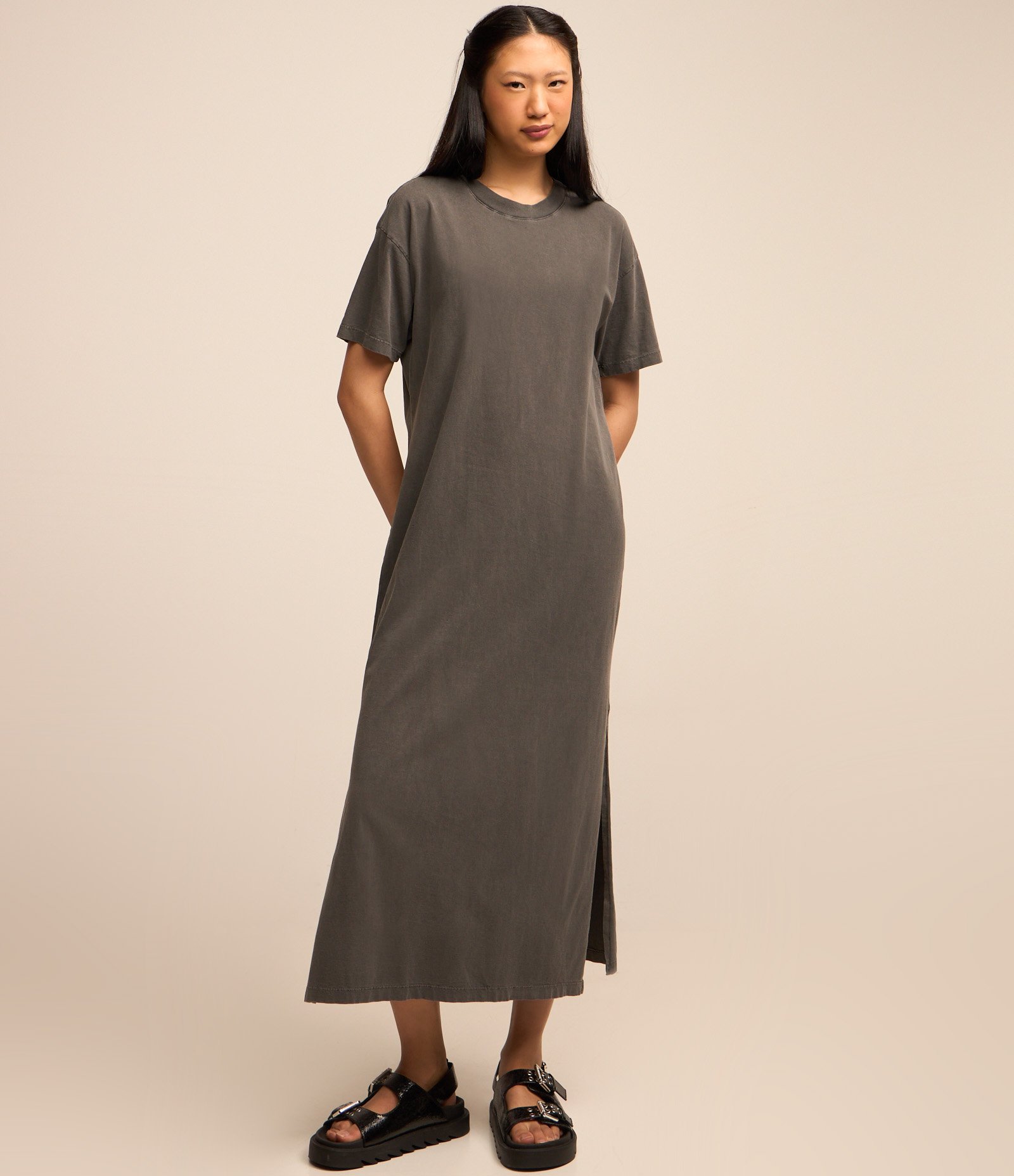 Vestido New Midi em Algodão com Fenda Lateral Preto Estonado 2