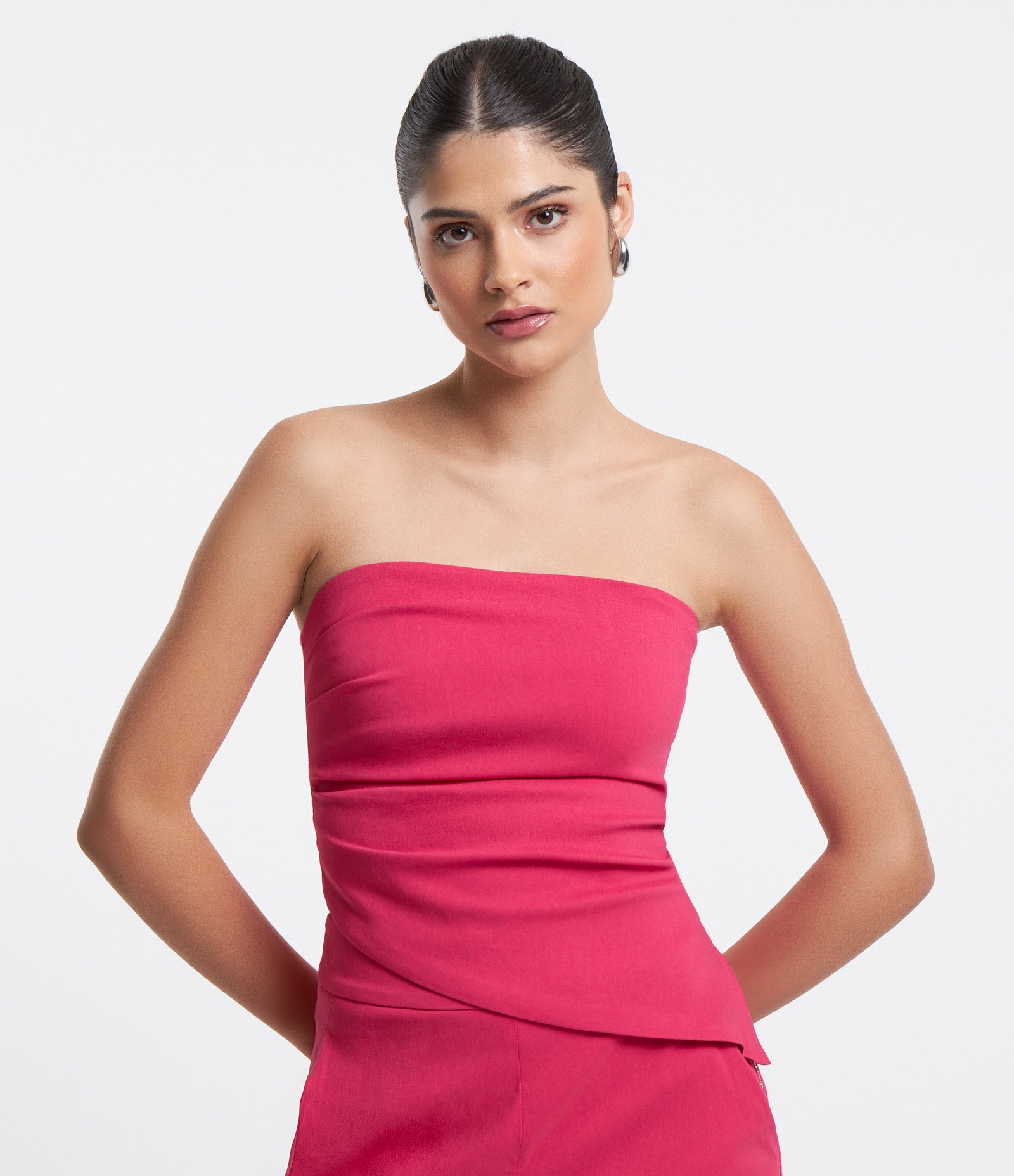 Blusa Tomara que Caia em Bengaline com Pregas na Lateral Rosa 1