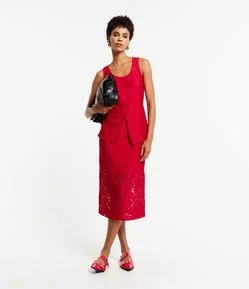 Vestido em Renda Guipire com Babado Sobreposto