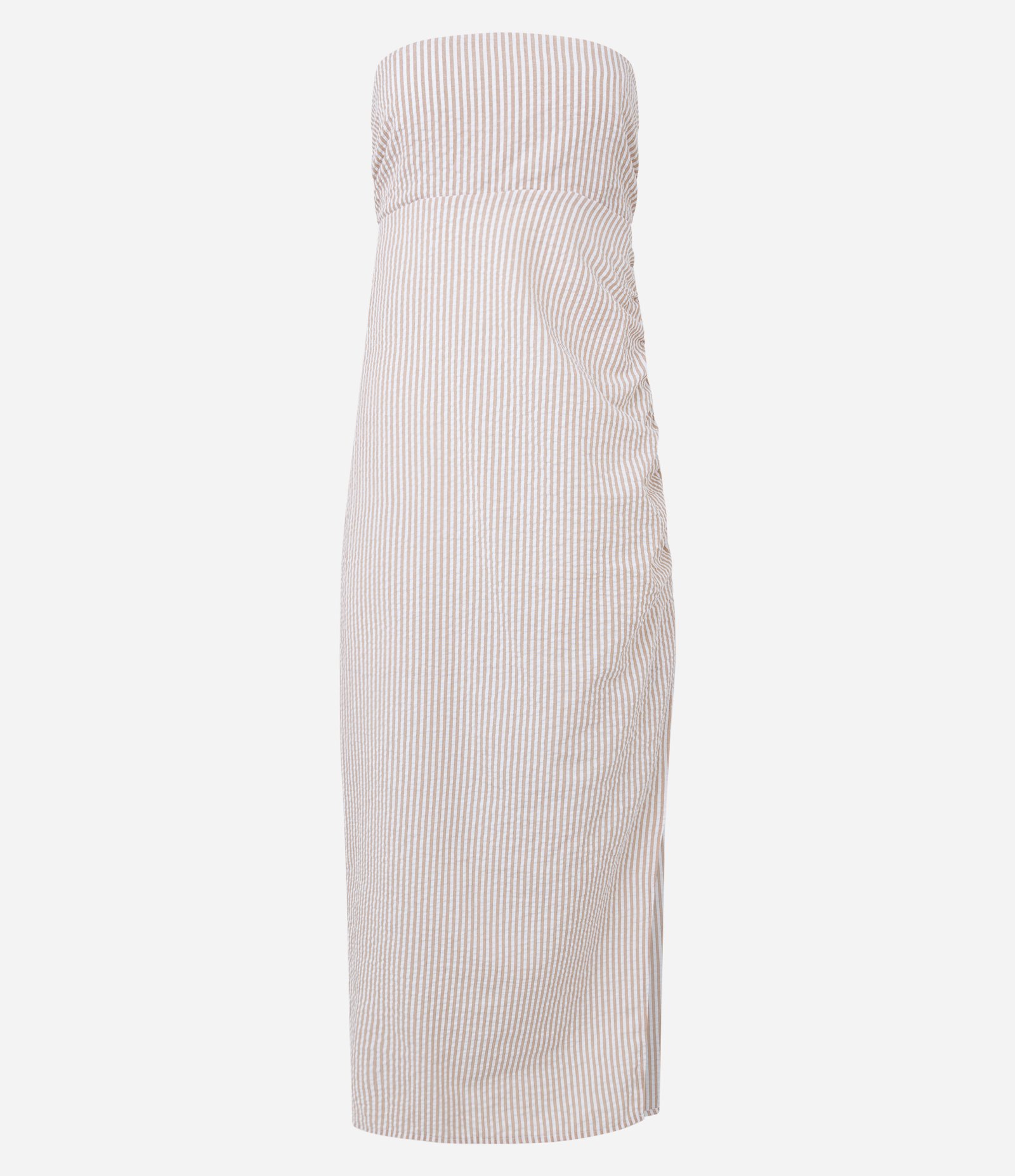 Vestido Longo em Tricoline Drapeado e com Listras em Fio Tinto Bege 6