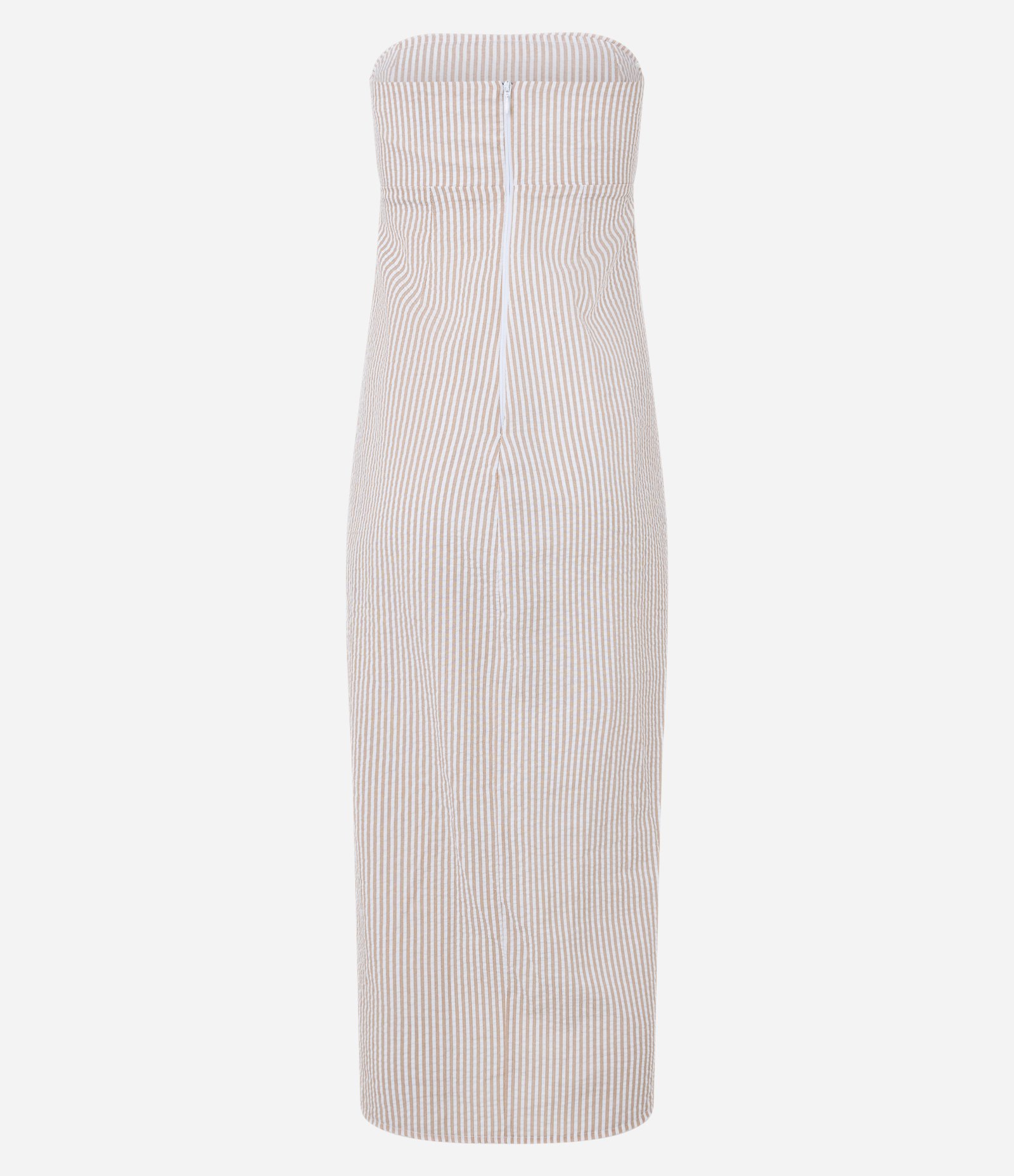 Vestido Longo em Tricoline Drapeado e com Listras em Fio Tinto Bege 7