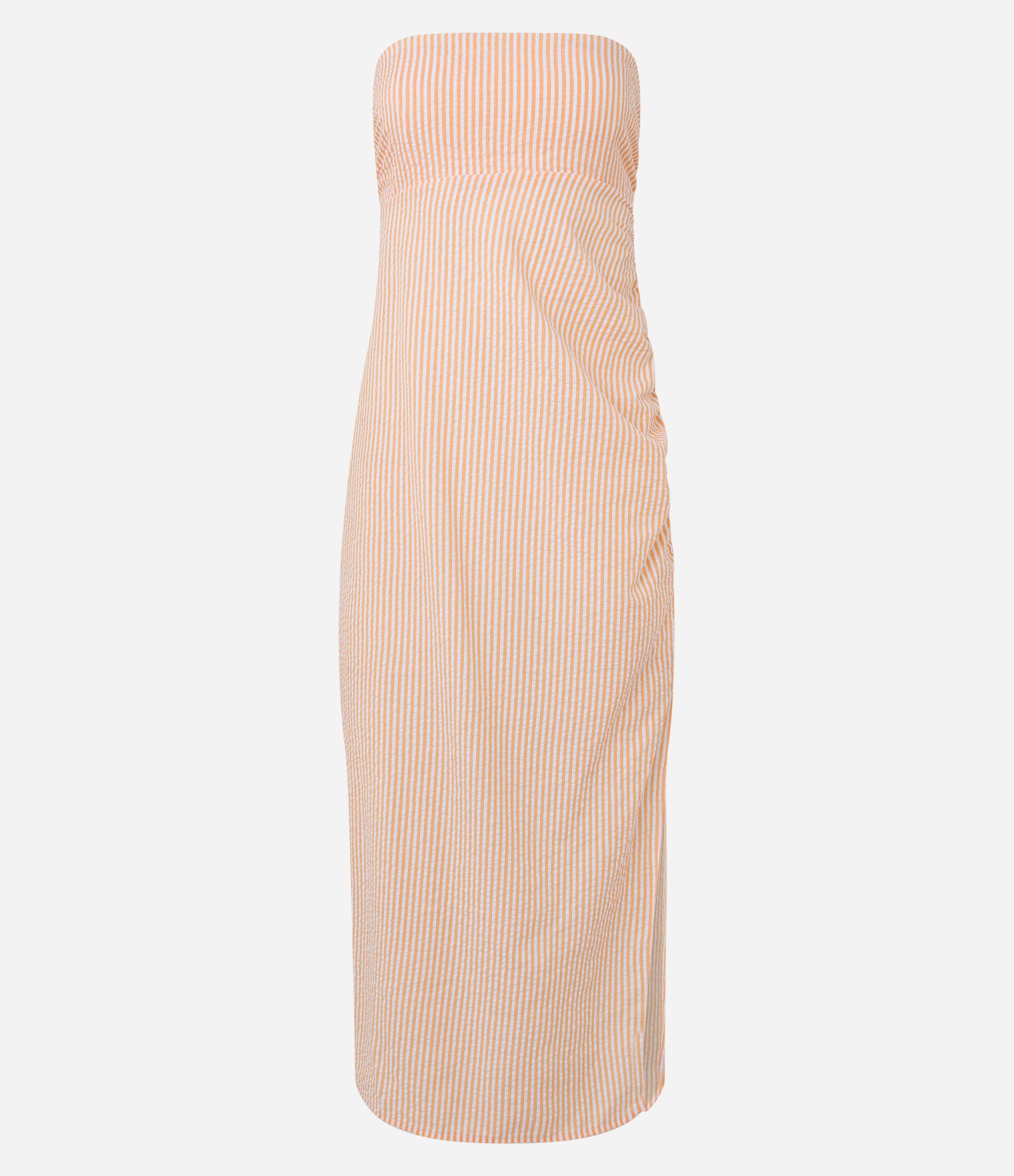 Vestido Longo em Tricoline Drapeado e com Listras em Fio Tinto Laranja 6
