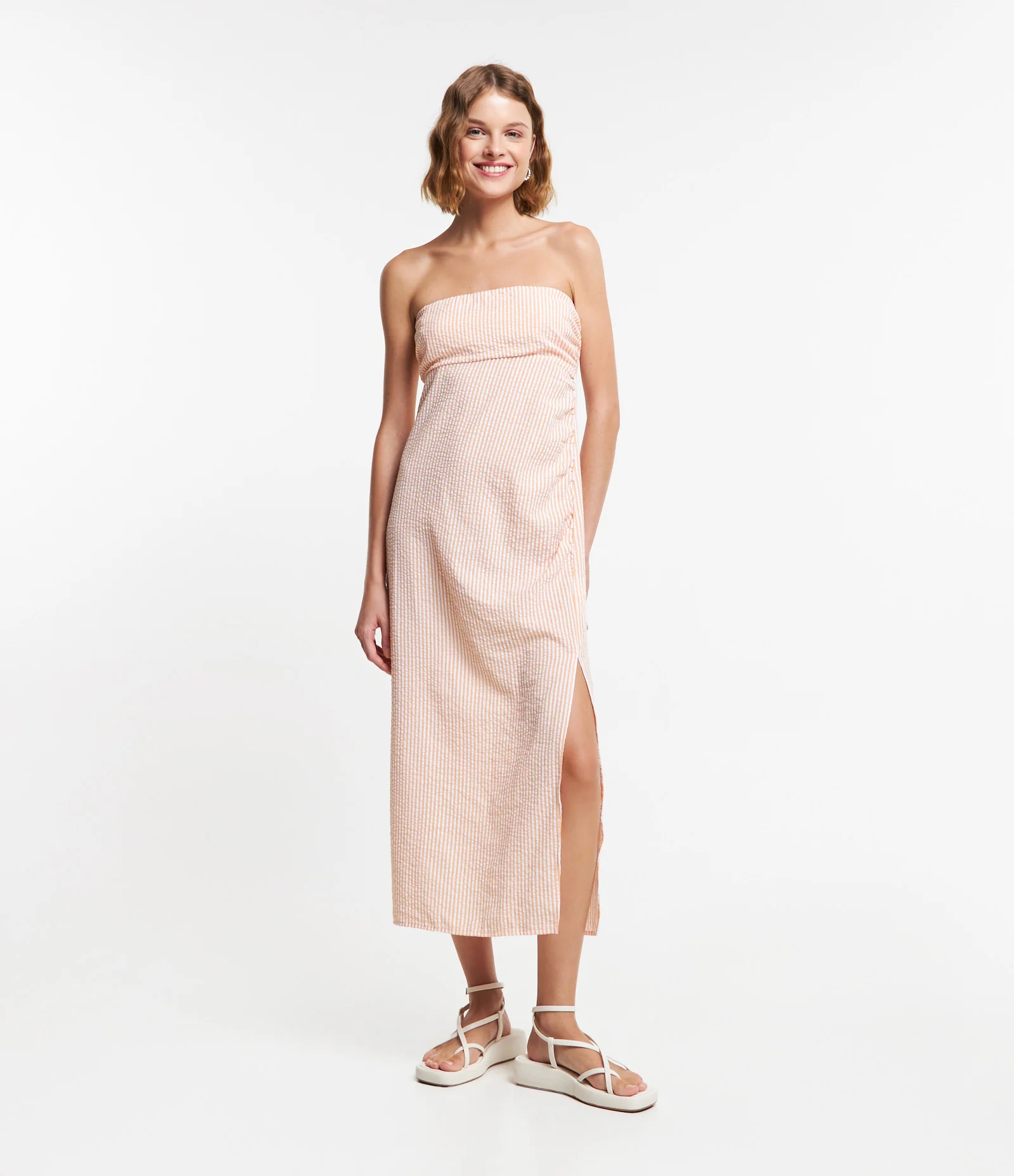 Vestido Longo em Tricoline Drapeado e com Listras em Fio Tinto Laranja 1