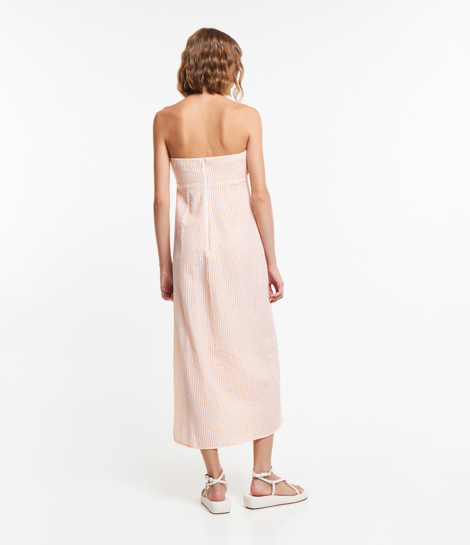 Vestido Longo em Tricoline Drapeado e com Listras em Fio Tinto Laranja 3