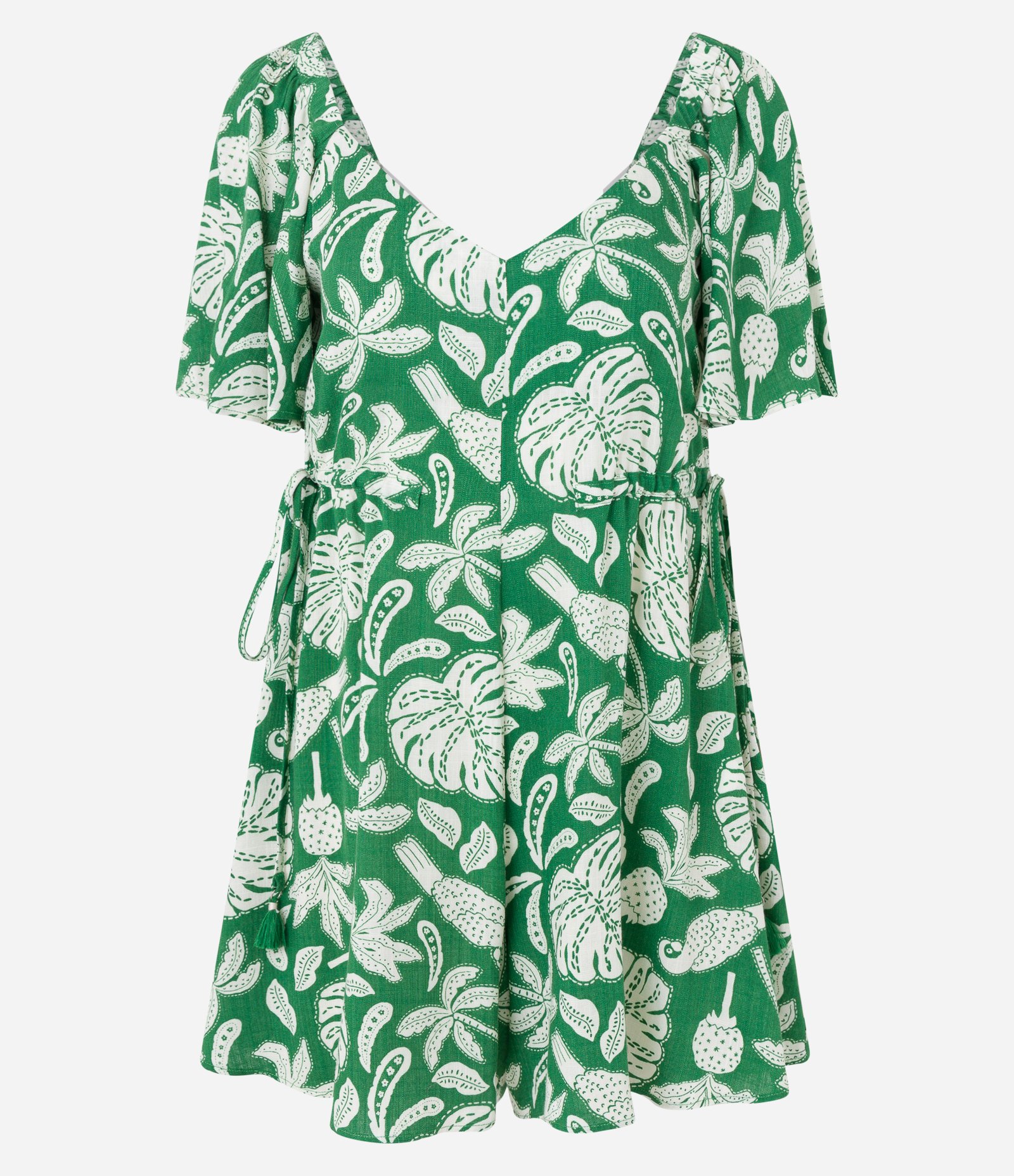 Macacão Curto em Viscose com Amarração Lateral e Estampa Folhagens Verde 6