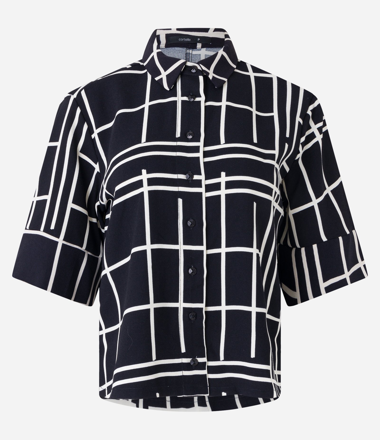 Camisa com Manga Curta Diferenciada e Estampa Geométrica Preto/ Branco 5