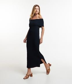 Vestido Ombro a Ombro Midi em Ribana e Dobra no Busto