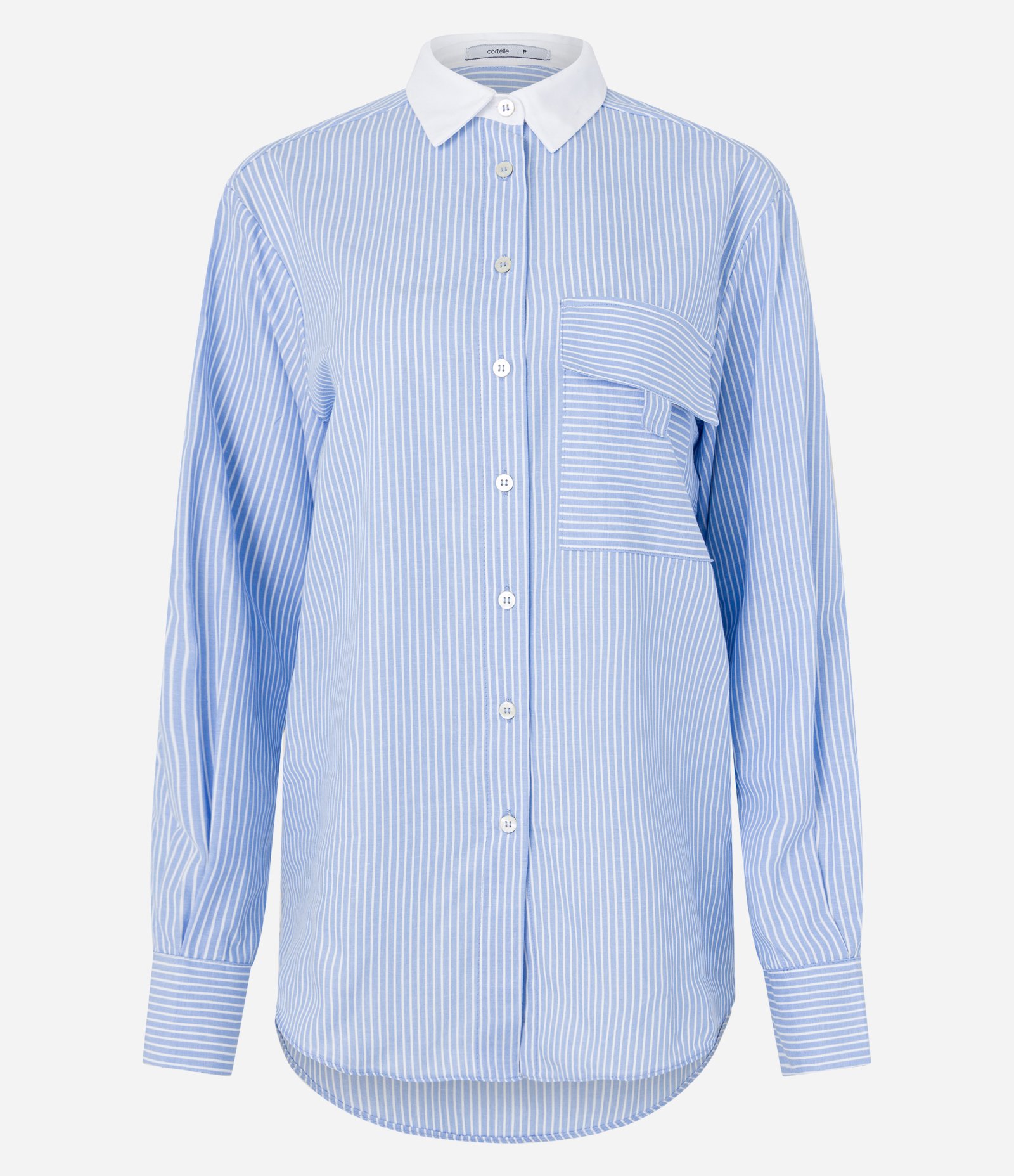 Camisa em Tricoline com Gola Contrastante e Estampa Listrada Azul/ Branco 7