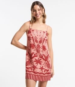 Vestido Curto em Viscose com Linho e Estampa Tropical
