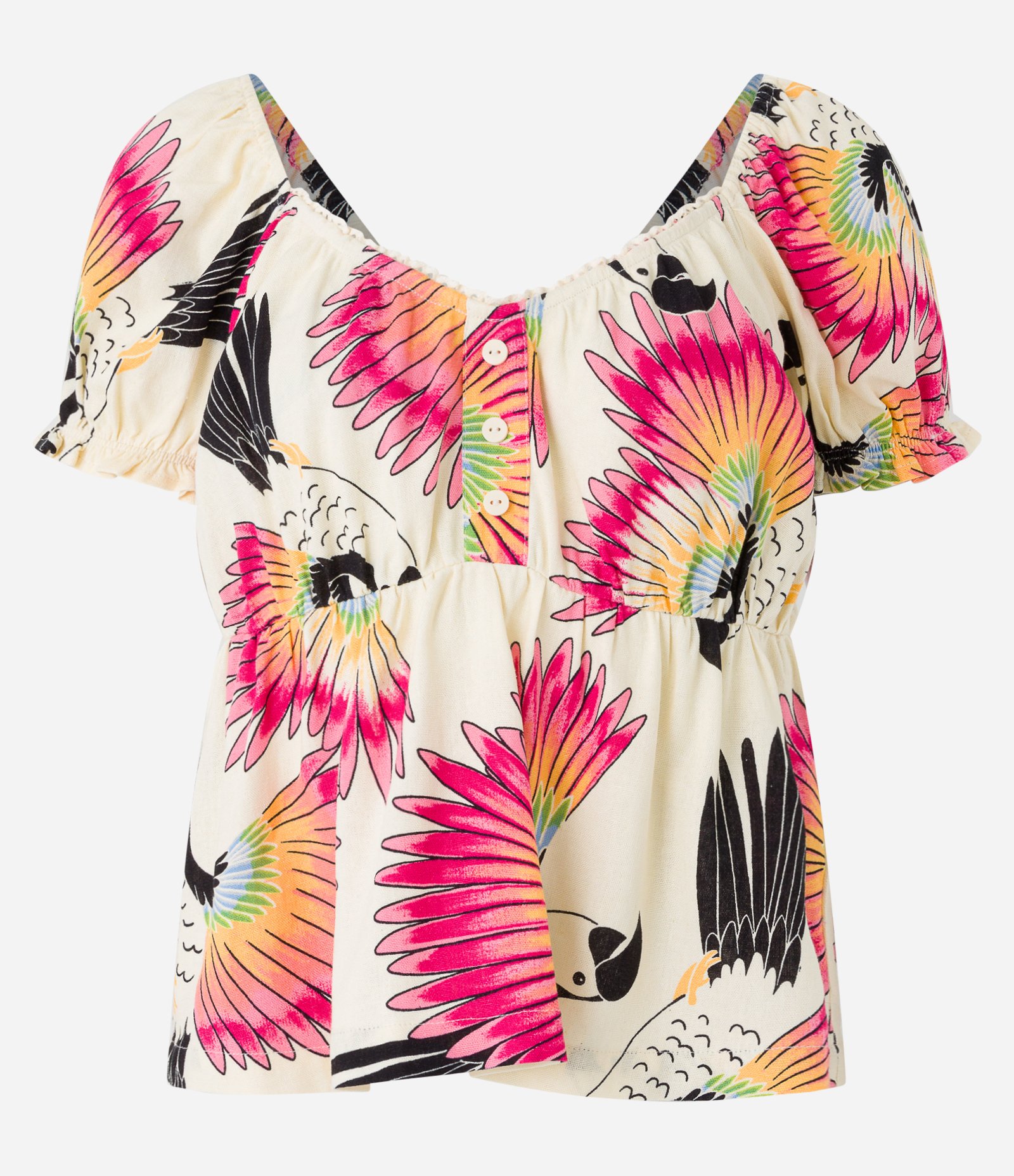 Blusa Ombro a Ombro em Viscolinho com Araras Estampadas Bege 5