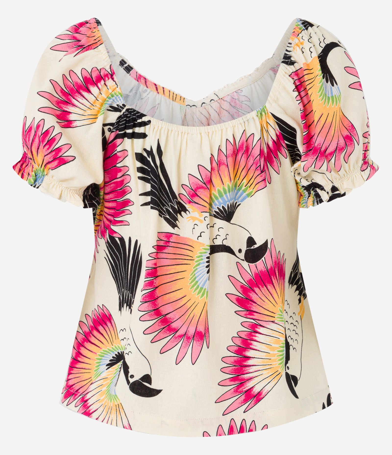 Blusa Ombro a Ombro em Viscolinho com Araras Estampadas Bege 6