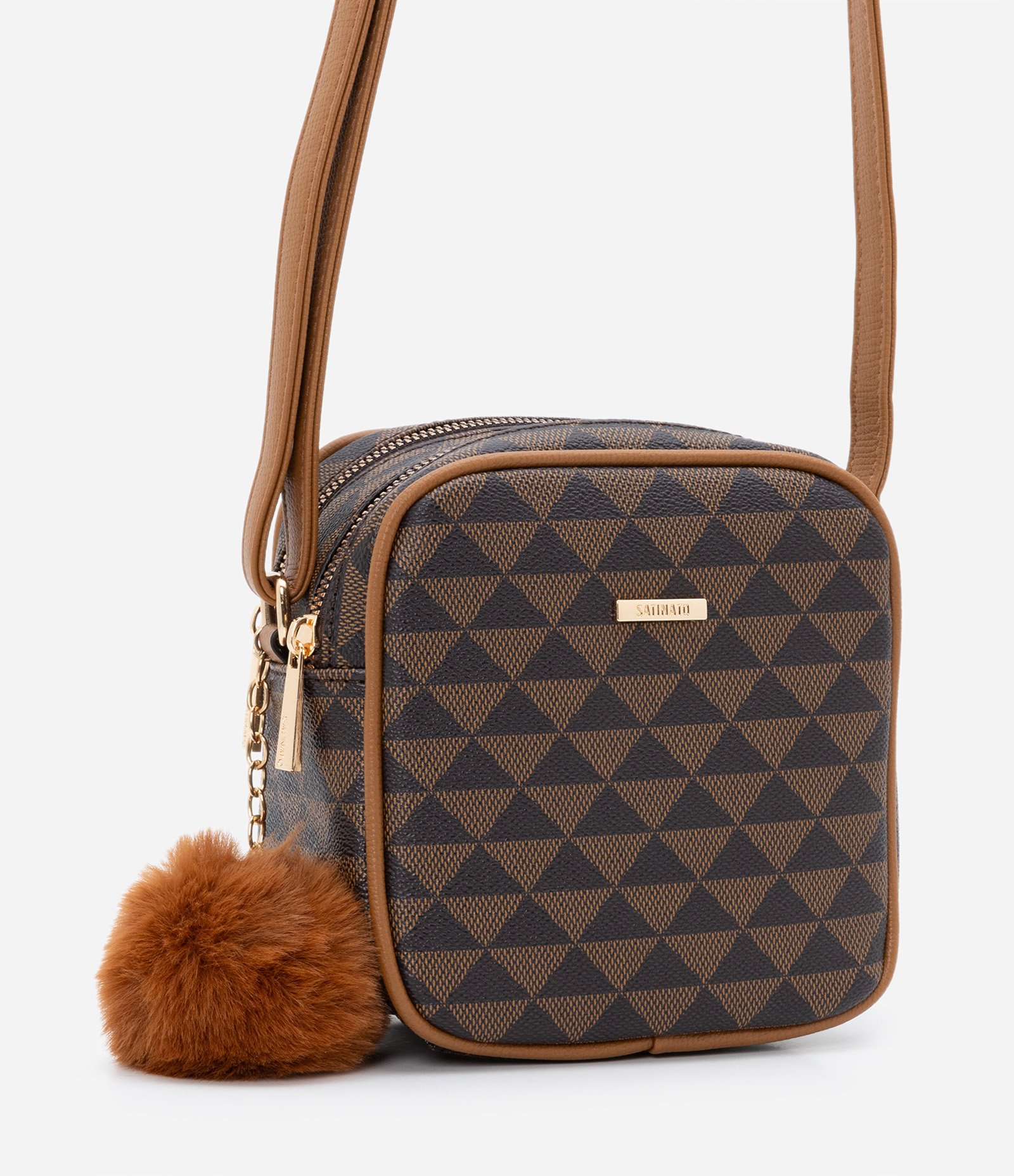 Bolsa Transversal Pequena com Abertura Dupla e Pompom Marrom 1