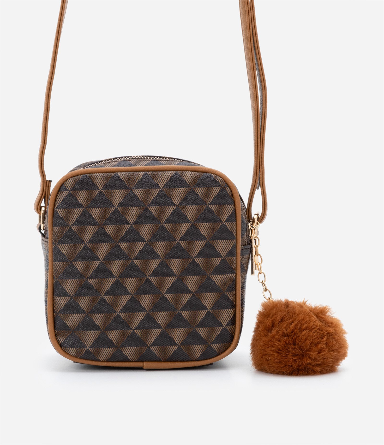 Bolsa Transversal Pequena com Abertura Dupla e Pompom Marrom 3